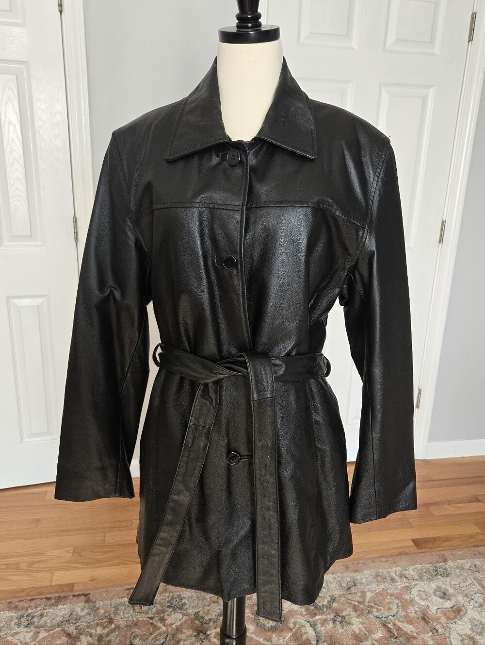 Classic Black Leather Belted Jacket